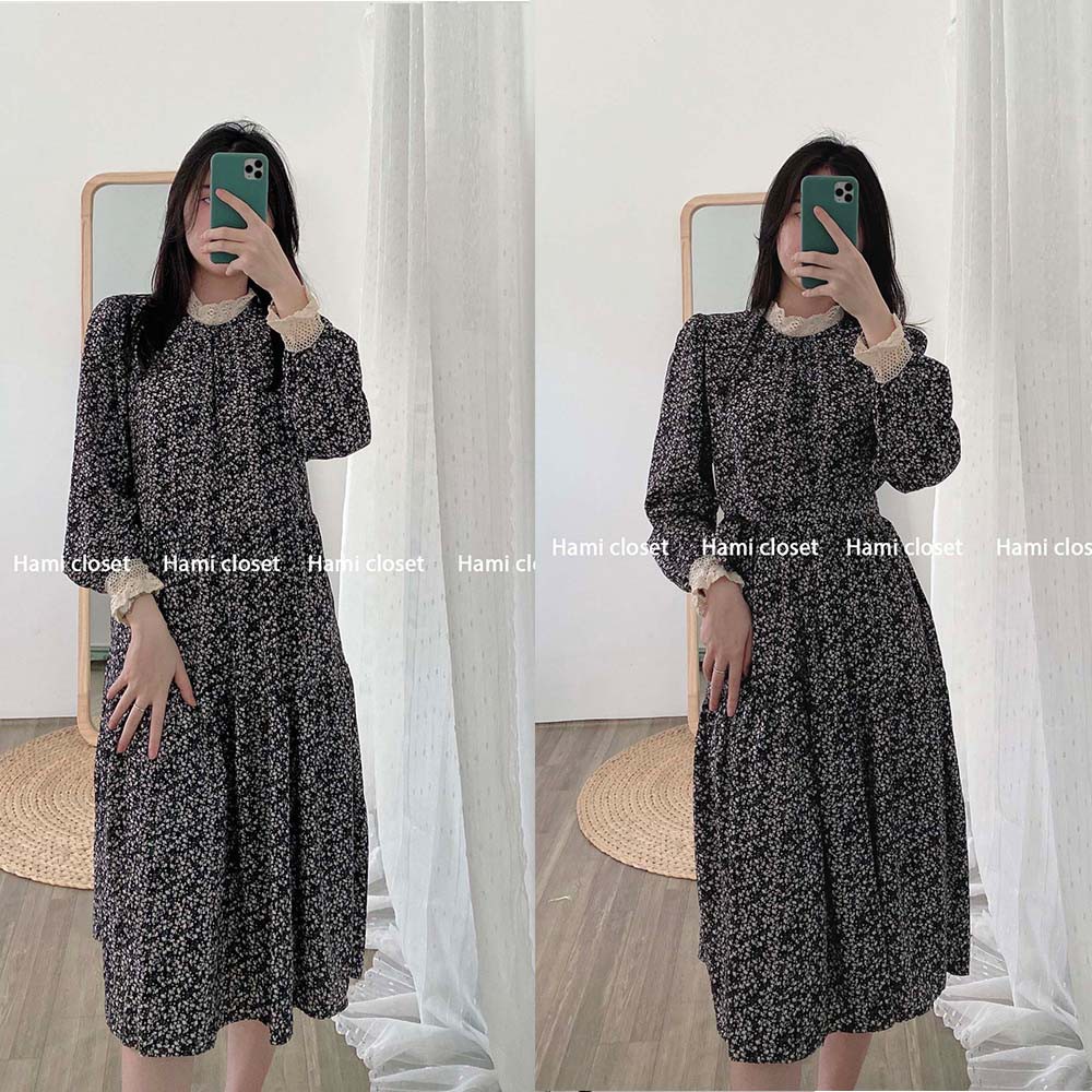 Váy babydoll hoa nhí dáng suông kèm đai cổ tay viền ren tiểu thư chất voan siêu mịn đẹp mã V009