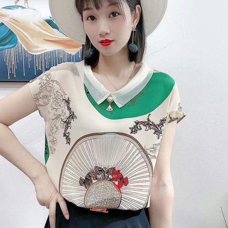 Áo Thun Lụa satin Mềm Mại Cao Cấp Tay Ngắn Dáng Rộng Cổ Búp Bê Phong Cách Phương Tây Thời Trang Mùa Hè Dành Cho Nữ 2021