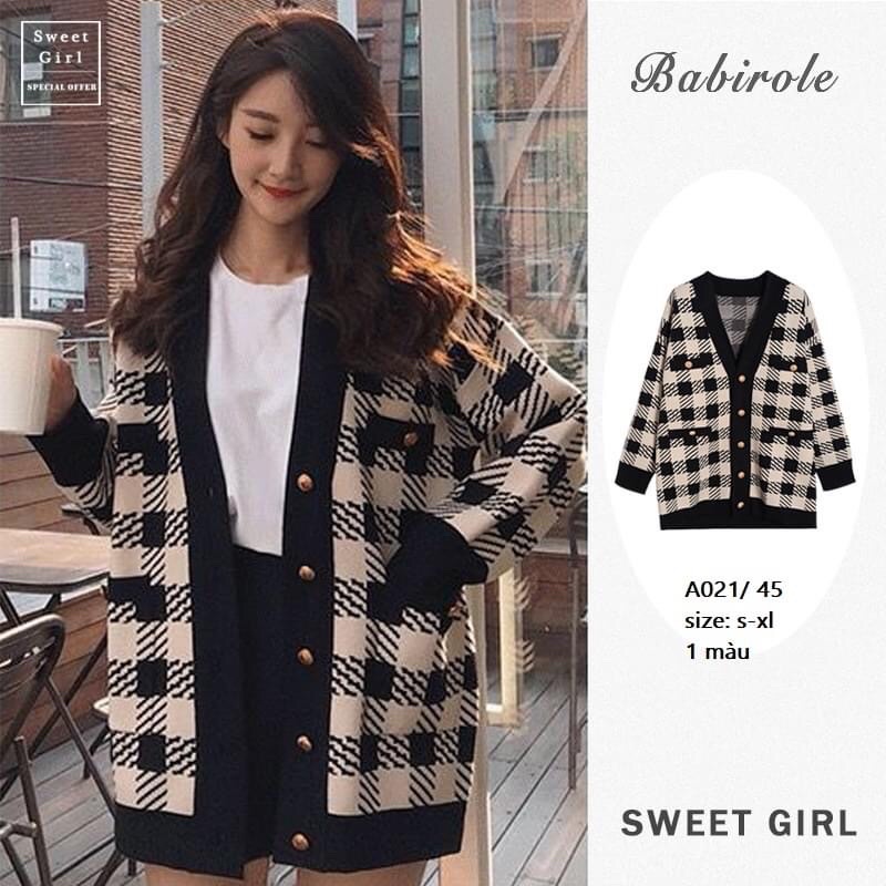 Áo khoác len Cashmere kẻ sọc retro viền đen, cổ V cài cúc có túi 2 bên