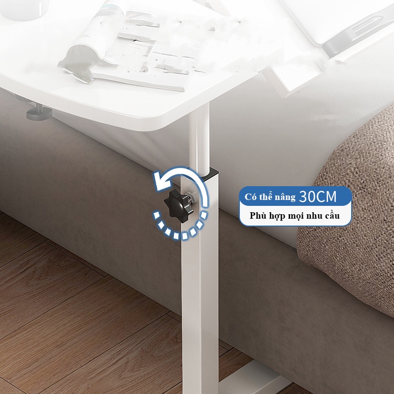 Bàn làm việc laptop kích thước nhỏ mặt bàn xoay 360 độ, bàn để máy tính thay đổi chiều cao có bánh xe di chuyển dễ dàng