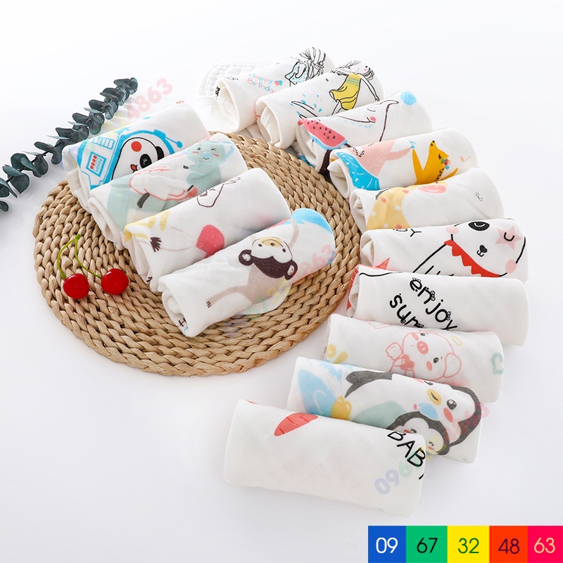 Khăn sữa xô 6 lớp NỀN TRẮNG HỌA TIẾT CAO CẤP rửa mặt loại dày siêu mềm mại cho bé