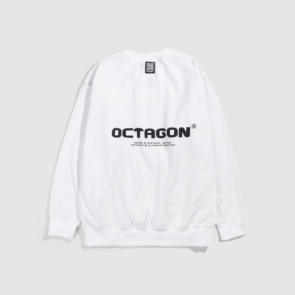 Áo Sweater Nỉ Bông Cổ Tròn Basic OCTAGON Màu Trắng Form Rộng Phong Cách Năng Động SS01