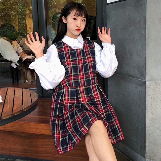 Set váy caro kèm áo sơmi tay bồng ( caro yếm đỏ ) | BigBuy360 - bigbuy360.vn