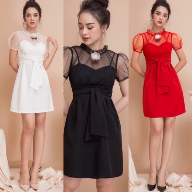 Đầm Váy thun thiết kế cao cấp ôm body tay phồng cúp ngực phối lưới (sản phẩm có nhiều size)