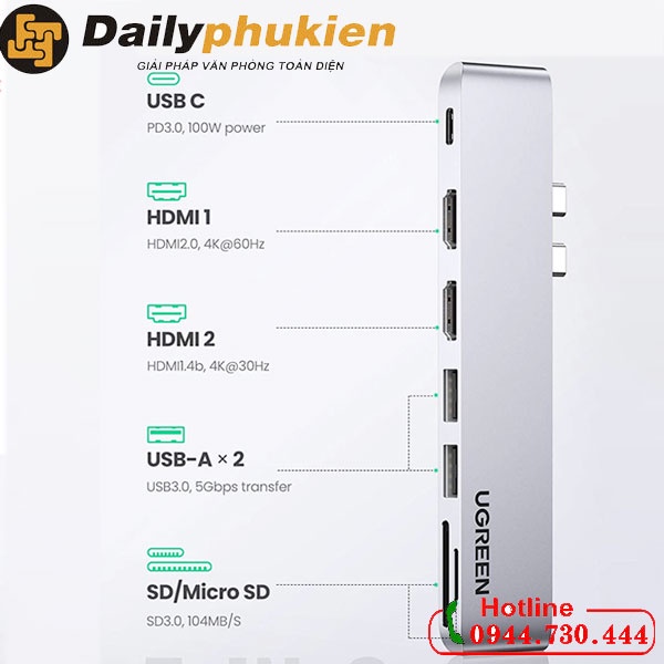 Bộ chuyển USB Type C to 2 HDMI, USB 3.0, đọc thẻ SD/TF hỗ trợ sạc USB C Ugreen 80548 dailyphukien