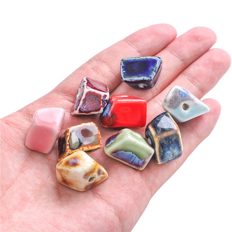5 Hạt xỏ lỗ bằng gốm sứ men hoa 20x14x14mm hình thang dùng làm trang sức thủ công