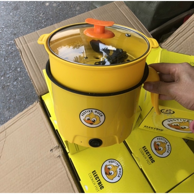 Nồi lẩu 2 Tầng Vịt Vàng, Nấu Cơm Đa Năng Có Tay Cầm 1,8L - Nồi Lẩu Điện Mini đa năng Kèm Giá Hấp Vịt Vàng