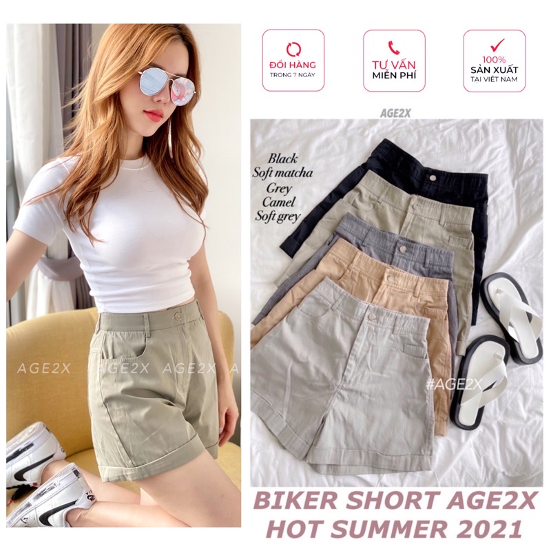 Quần short nữ ống rộng lưng cao chính hãng AGE2X, sau có thun co giãn, chất kaki cotton siêu mềm mát, siêu hack dáng | BigBuy360 - bigbuy360.vn