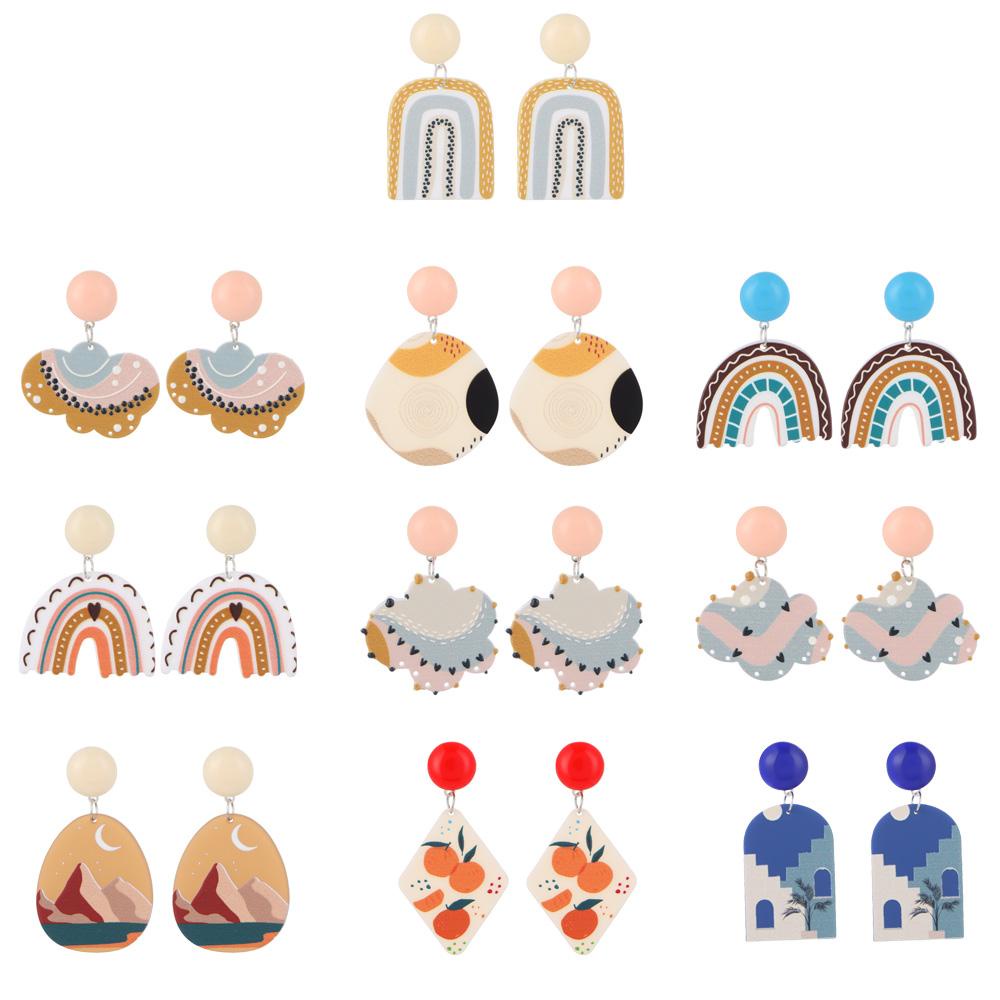 Bông Tai Dáng Dài Họa Tiết Hoa Hồng / Hình Học Màu Cầu Vồng Hoạt Hình