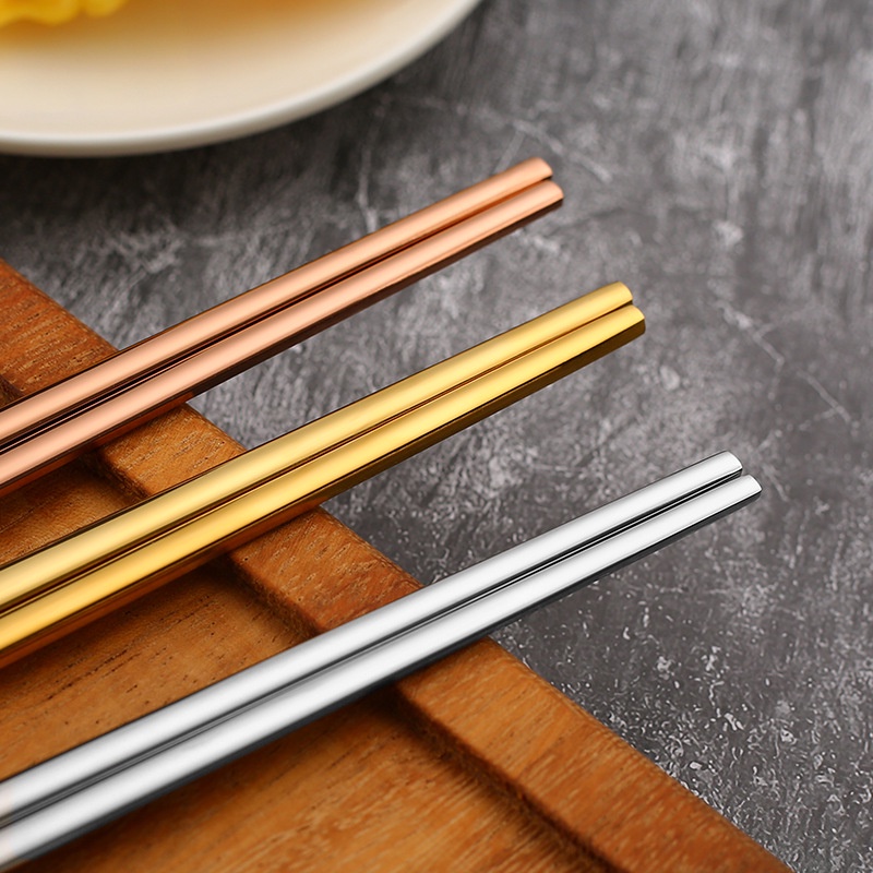 Đũa Bằng Thép Không Gỉ 304 Dày Dặn Chống Trượt Màu Vàng Đồng Phong Cách Hàn Quốc