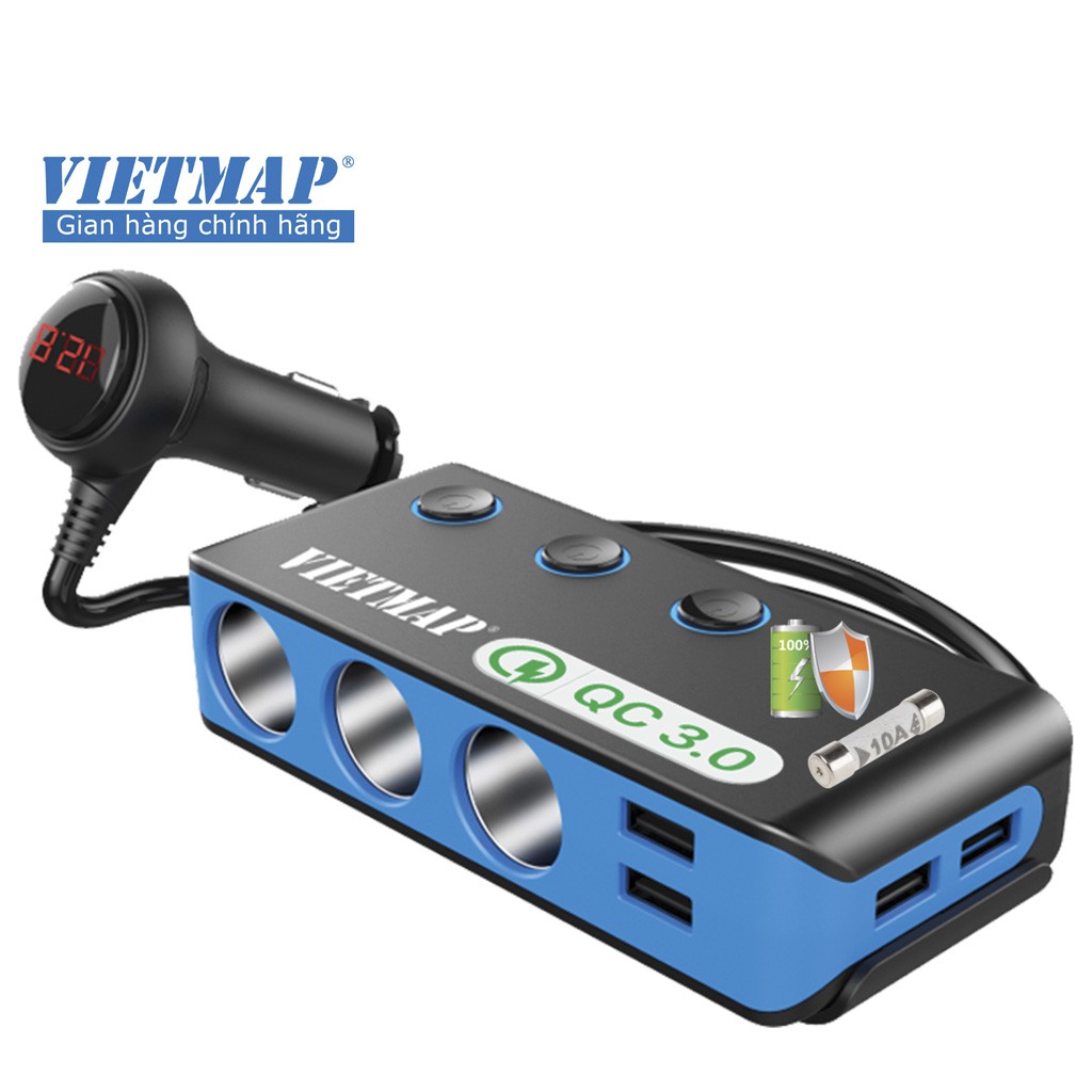 VietMap VM71 - Bộ Chia Nguồn Ô tô QC 3.0 Cao Cấp - 3 Cổng Nguồn - 4 Cổng USB - HÀNG CHÍNH HÃNG Bảo hành 12 tháng