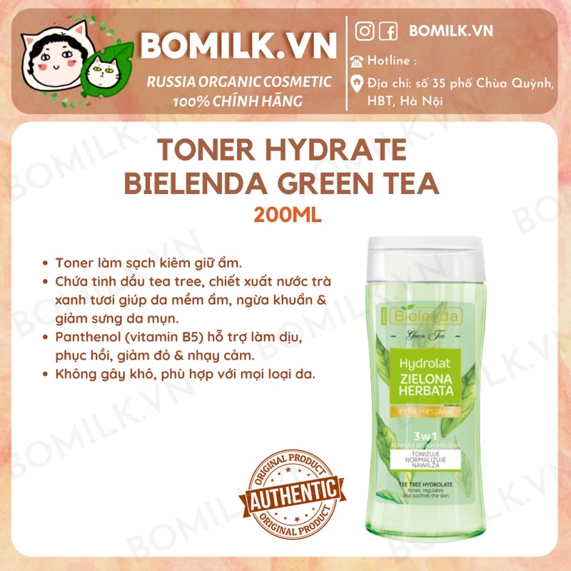 Toner Bielenda Herbal Green Tea trà xanh - dịu da, mờ thâm sáng da và làm sạch sâu