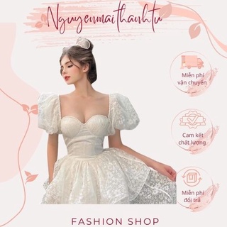 Váy trắng cúp ngực tay bồng xếp tầng công chúa