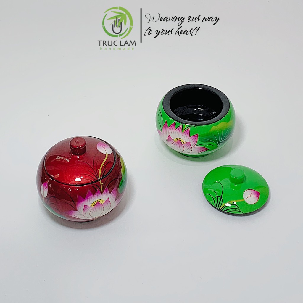 Hộp Sơn Mài Hình Hũ Tròn Trang Trí Họa Tiết Vẽ Tay Hình Bông Sen - Trúc Lâm Handmade