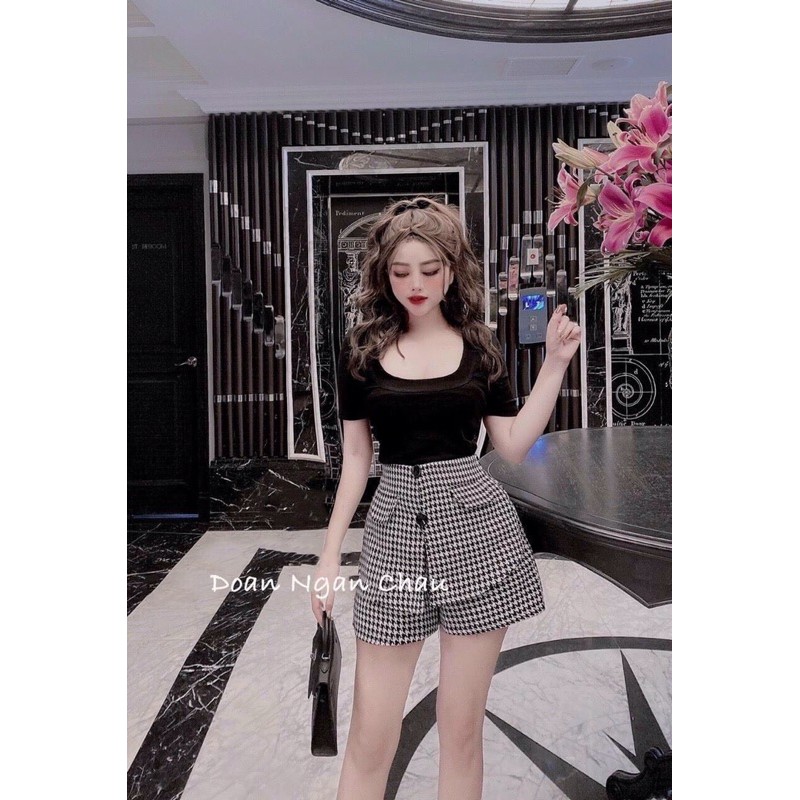 Sét áo thun trơn body mix quần đùi kẻ giả váy Chất áo cotton tàu chuẩn sịn đét cv thô lụa mềm | BigBuy360 - bigbuy360.vn