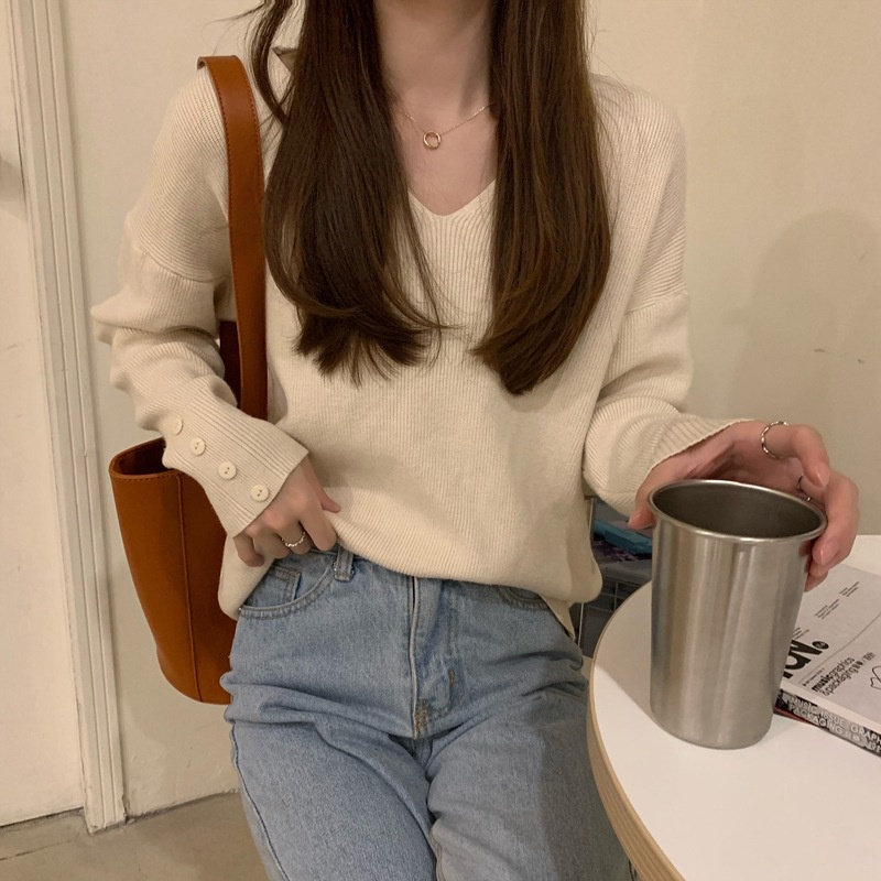 Áo sweater Ielgy tay dài cổ chữ v dáng rộng thời trang cho nữ