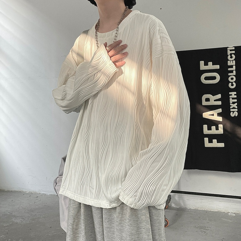 Áo thun tay dài cổ tròn họa tiết kẻ sọc thời trang phong cách Hàn Quốc cho nam và nữ