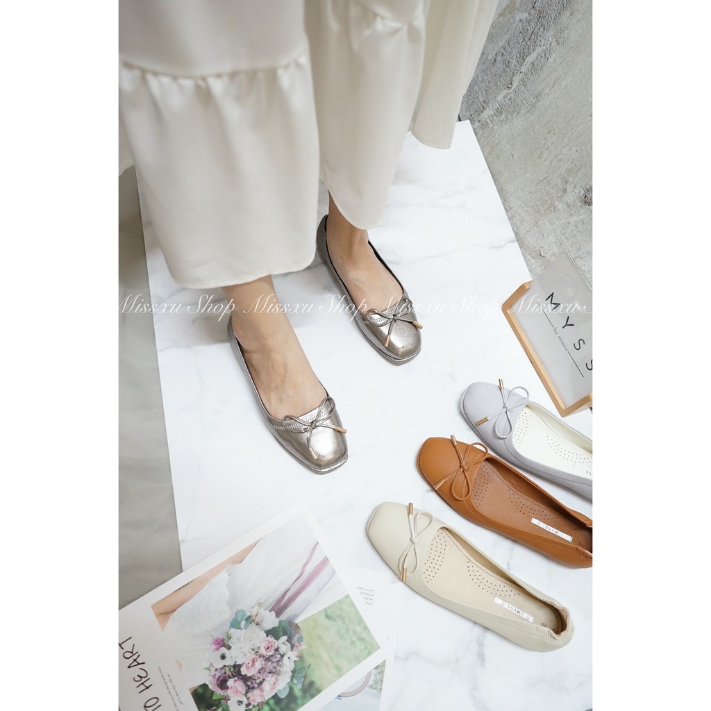 Giày búp bê mũi vuông da lì nơ chuông Myss - BB19