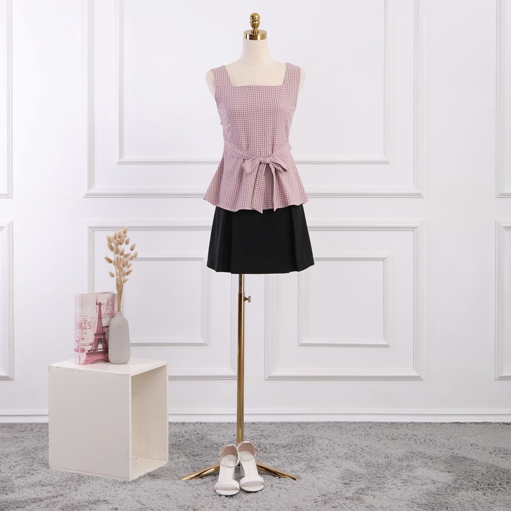 Áo sát nách nữ, cổ vuông, họa tiết kẻ caro, phối nơ eo , thiết kế cao cấp TK Fashion - SMKA162