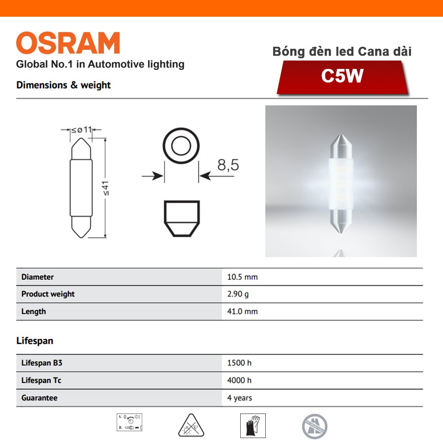 Bóng Đèn Led Cana Dài OSRAM Standard Retrofit C5W 12V Màu Trắng Cool - Nhập Khẩu Chính Hãng