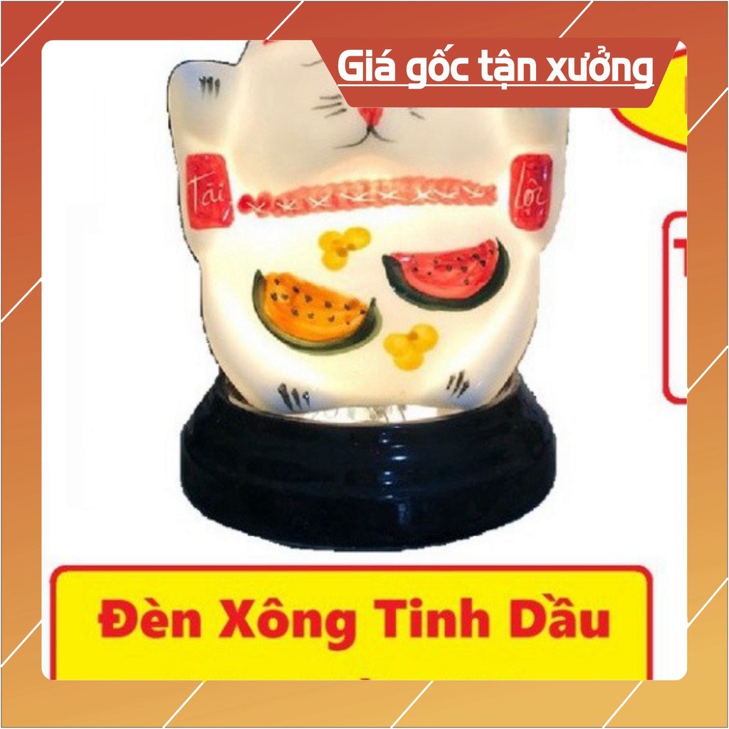 Đèn Xông Tinh Dầu Cỡ Lớn Hình Mèo Thần Tài, Gốm Thấu Quang Bát Tràng kĩhs thước 15x13cm