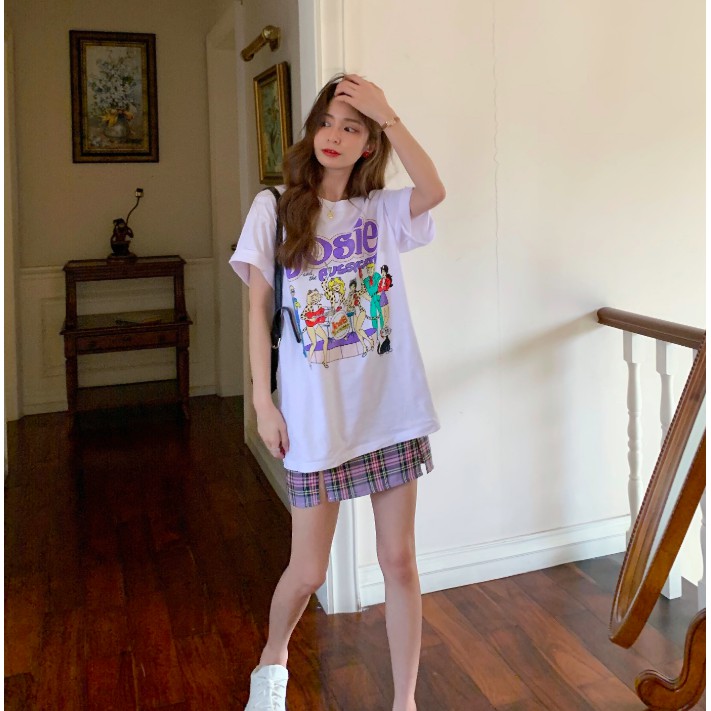 SẴN | SET ÁO THUN HOẠT HÌNH + CHÂN VÁY KẺ SỌC TÍM CÁ TÍNH ULZZANG