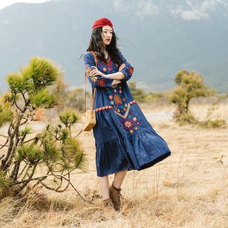 Váy maxi dáng suông dài thêu họa tiết phong cách boho đi biển - MS194 (Có ảnh thật)
