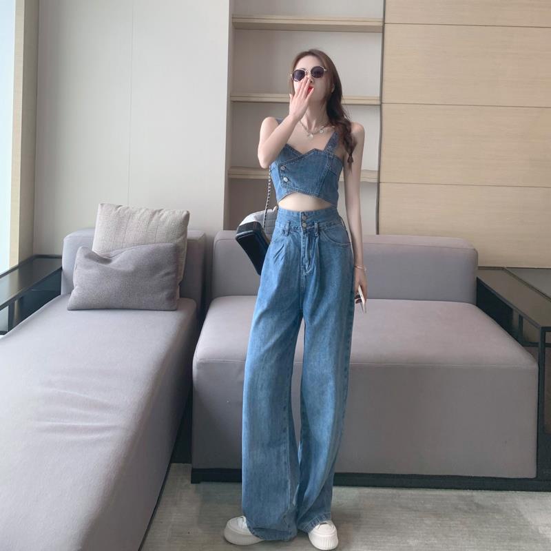 Bộ Áo Croptop Hai Dây + Quần Dài Denim Thời Trang Dành Cho Nữ