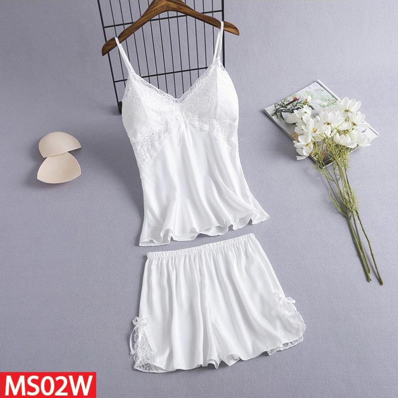 Bộ Đồ Ngủ Hai Dây Quần Cộc Lụa Satin Có Mút Ngực Đủ Size DUIAS02AMK | BigBuy360 - bigbuy360.vn