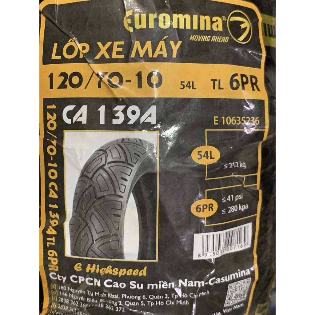 Vỏ Euromina 120/70/10, 110/70/11 Bánh Trước/Sau Vespa Primavera, Lx125/150 - Không Ruột