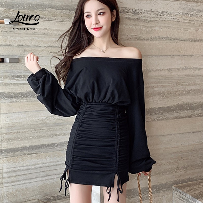 Váy đầm len tăm body rút dây💟FREESHIP💟mẫu váy đầm body dài tay lệch vai dây rút tôn dáng cực xinh-L027 | BigBuy360 - bigbuy360.vn