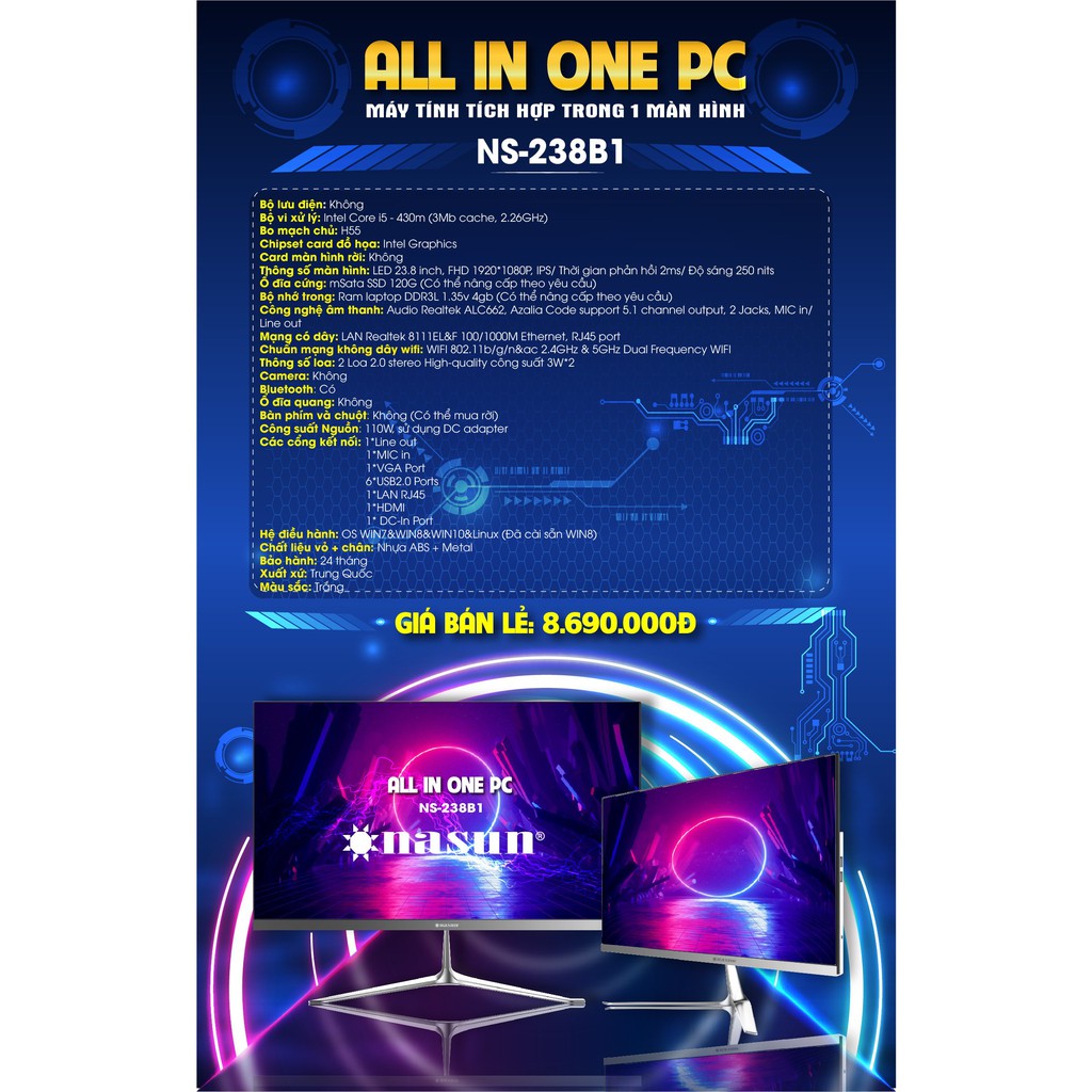 Máy tính All in One NASUN (Máy tính tích hợp trên cùng màn hình, không cần case) model NS-238B1, chip i5, màn 23.8" IPS | BigBuy360 - bigbuy360.vn