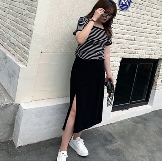 Chân váy thun gân màu đen big size form dài xẻ trước size 65-105kg