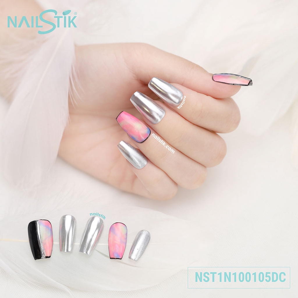Móng úp thiết kế by NAILSTIK, màu bạc, form móng coffin, dài, 105