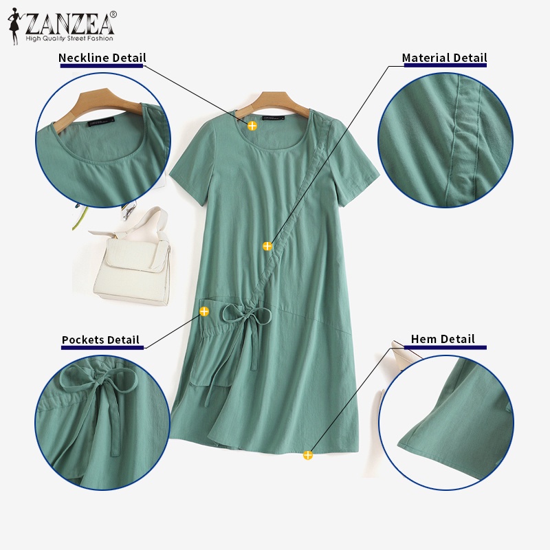 Đầm midi ZANZEA tay ngắn cổ tròn có túi dây rút thời trang cho nữ