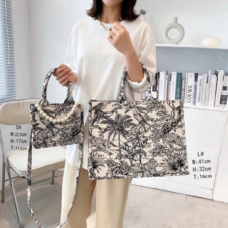 Túi Xách Tote Vải Cotton Lanh Cỡ Lớn Thêu Họa Tiết Đính Ngọc Trai Thời Trang Mới