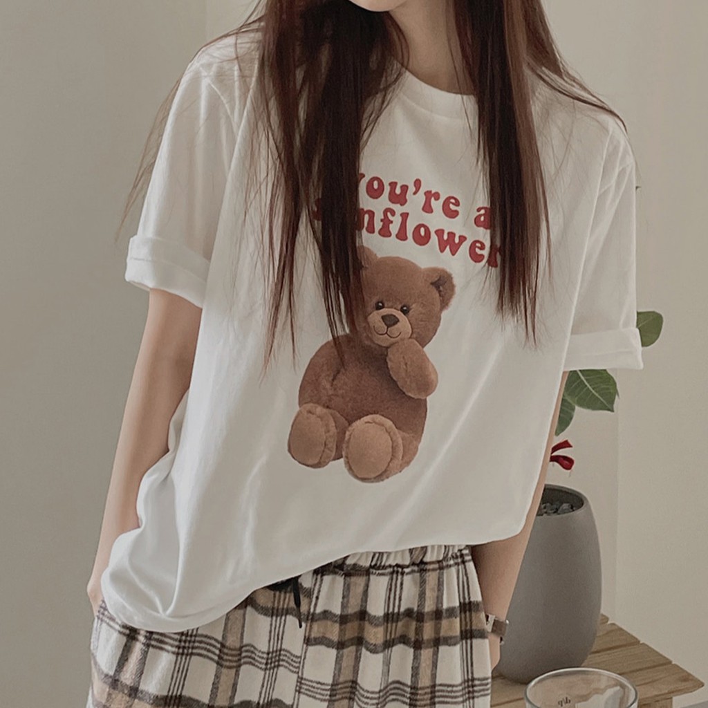 Áo thun Peppermint 41128 tay ngắn in hình gấu dễ thương phong cách Hàn Quốc thời trang