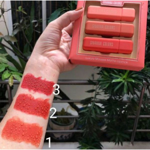 (Auth 100%)set son thỏi 3 cây sivanna color luxury mousse matte lipstick thái lan chính hãng đỏ đậm, cam cháy, đỏ cam