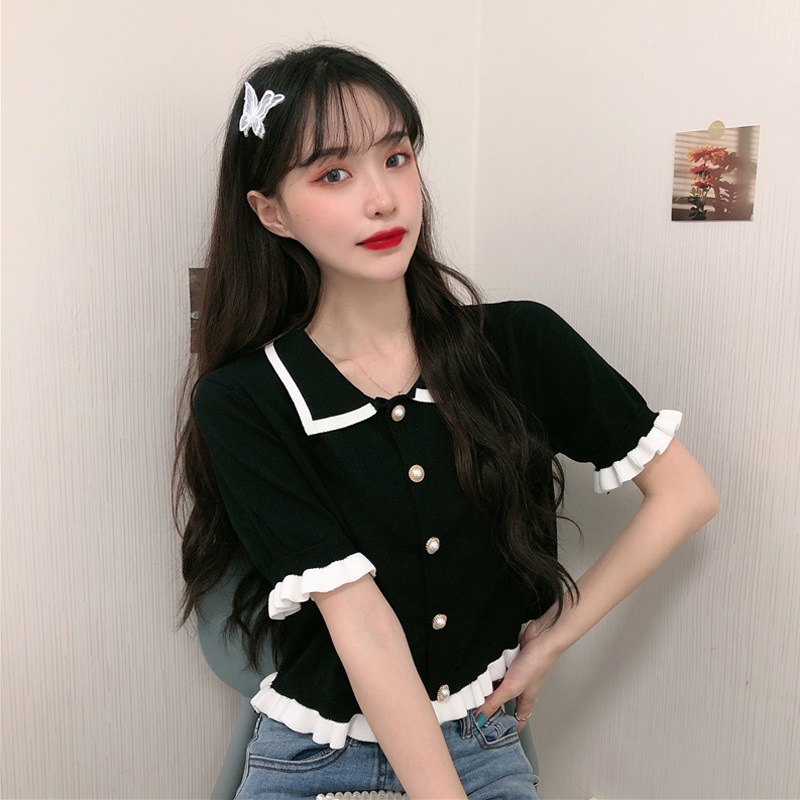 Áo dệt kim ngắn tay phong cách retro pháp thanh lịch cho nữ | BigBuy360 - bigbuy360.vn