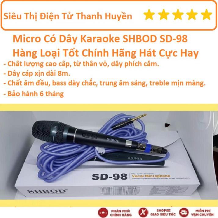 Mua ngay Micro Có Dây Karaoke SHBOD SD-98 Hàng Loại Tốt Chính Hãng Hát Cực Hay [Freeship 10k]