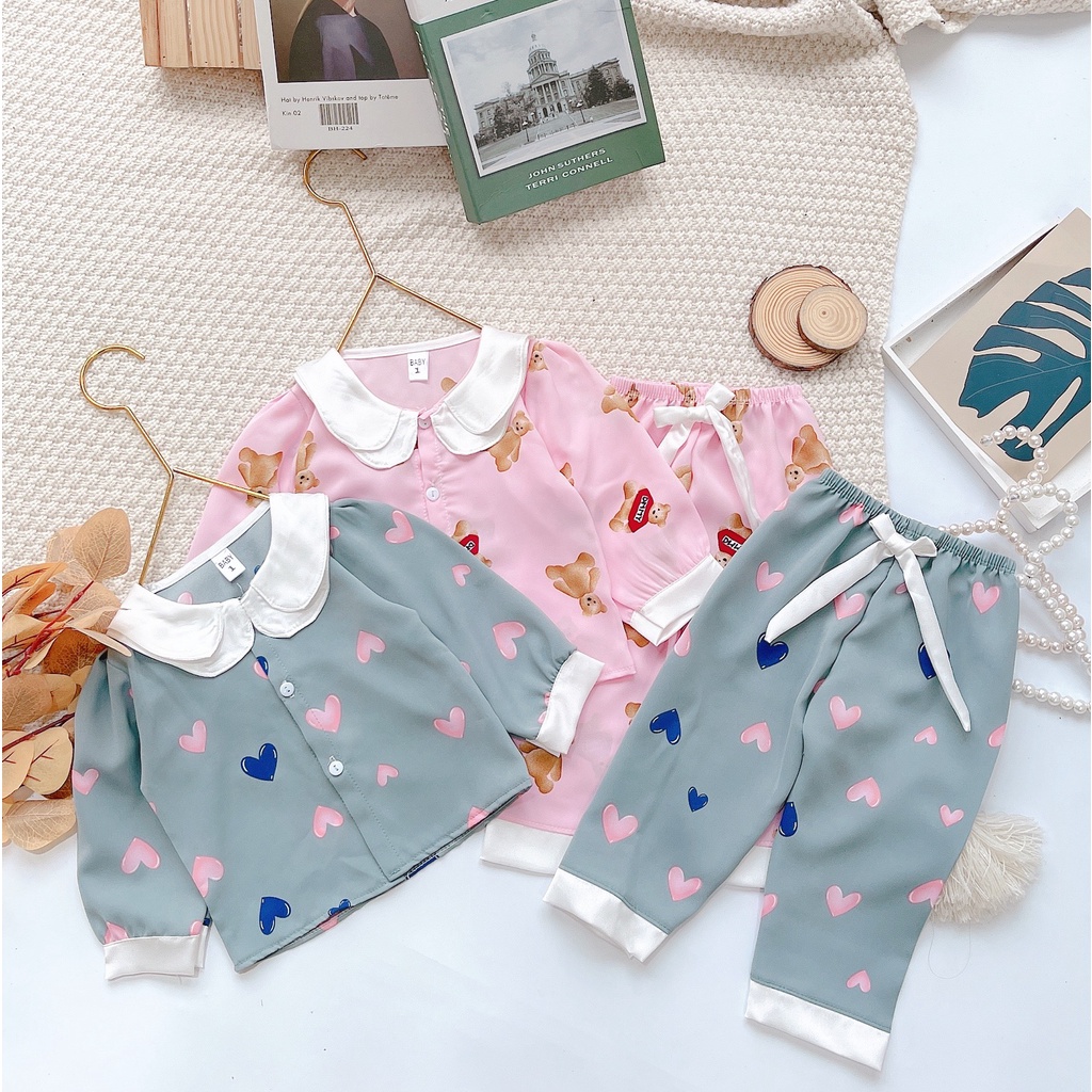 [ 6-17kg ] Bộ Đồ Ngủ Pijama Bé Gái - Set Quần Áo Trẻ Em Mặc Nhà Lụa Cao Cấp Nhiều Màu Dài Tay Họa Tiết Dễ Thương