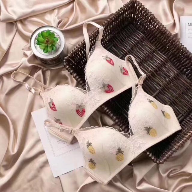 Áo ngực không gọng đệm mỏng thêu quả dâu dứa cherry ngộ nghĩnh đáng iu xuất Nhật