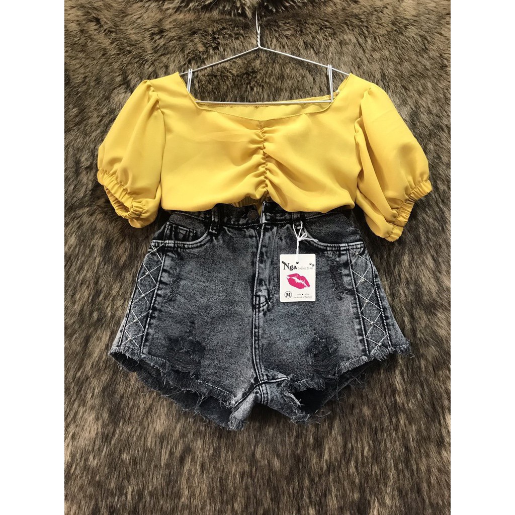 Áo voan nhúm eo croptop xinh xinh