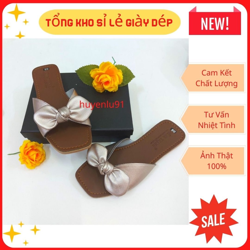 Dép lê thắt nơ,dép thời trang da mềm êm chân, sandal nữ quai ngang đế kếp HL0014