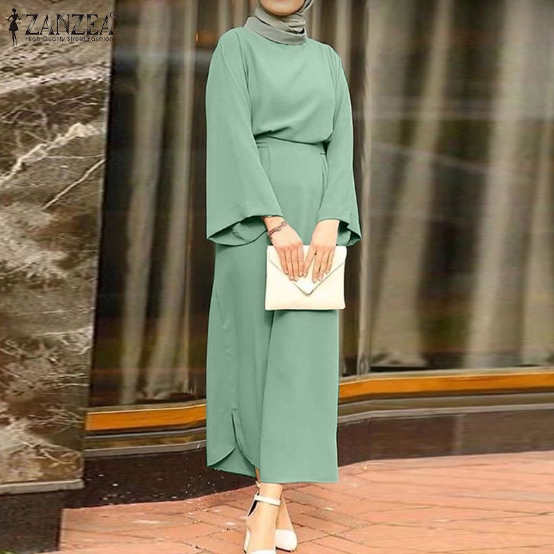 Zanzea Bộ Áo Tay Dài Ống Loe Kèm Quần Dài Lưng Thun Màu Trơn Dành Cho Phụ Nữ Hồi Giáo