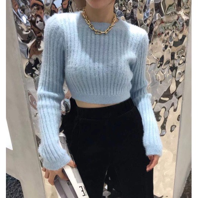 Áo Sweater Dệt Kim Tay Dài Cổ Tròn Vải Nhung Thời Trang Cho Nữ