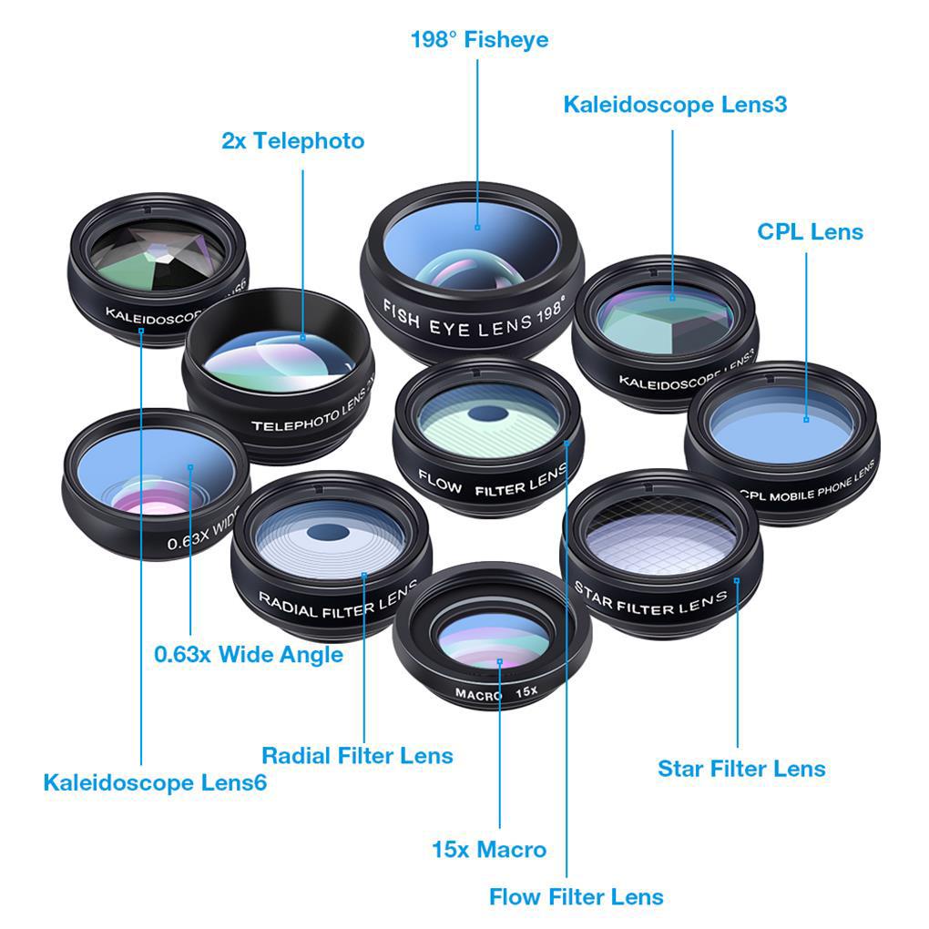 Bộ Ống Kính HD Chuyên Nghiệp 10 Trong 1 HD Zoom HD / 198°Bộ Lọc Ống Kính Fisheye / Wide Angle / Macro Lens / Kaleidoscope 3 Và 6 / 4 Dòng
