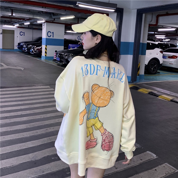 Xiaozhainv Áo nỉ tay dài dáng rộng in hình gấu phong cách Hàn Quốc thời trang xinh xắn cho nữ | BigBuy360 - bigbuy360.vn