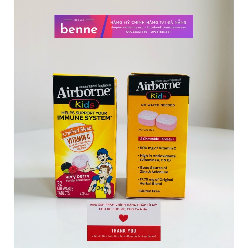 [Bill Mỹ] Airborne Kids của Mỹ - kẹo bổ sung vitamin, tăng khả năng miễn dich cho bé trên 4 tuổi