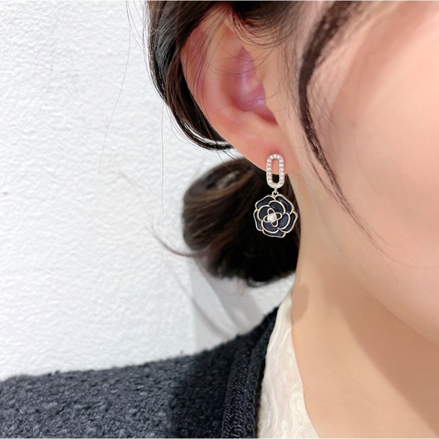 Bông Tai Hình Vuông Đính Hoa Hồng Lấp Lánh Phong Cách Hàn Quốc Thời Trang Cho Nữ